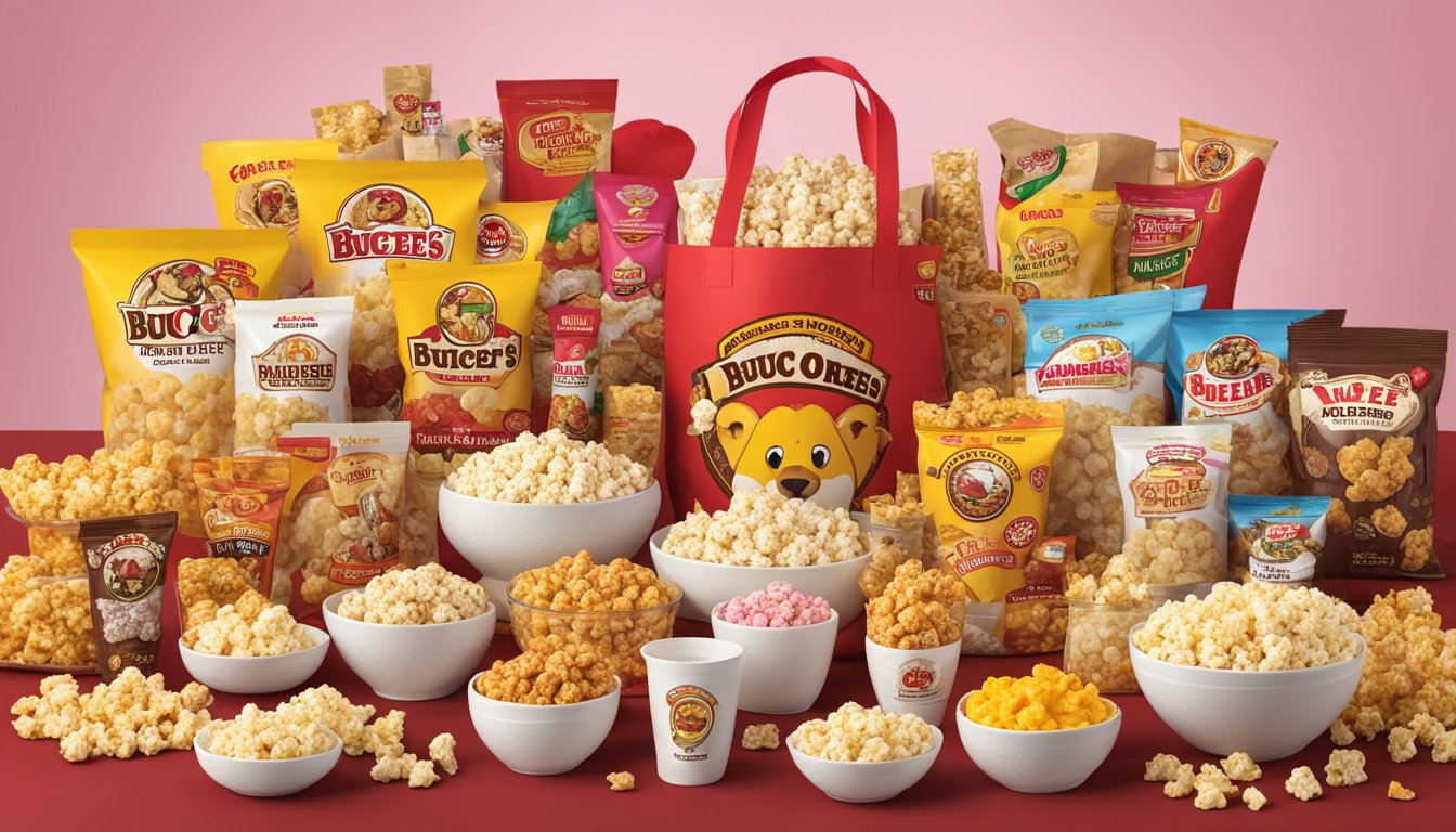 A bag of Buc-ee's White Cheddar Habanero Popcorn surrounded by 11 other Buc-ee's products, arranged neatly on a table with a Valentine's Day theme