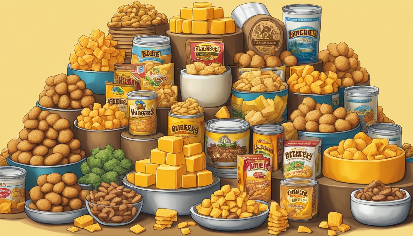 A pile of golden cheddar cheese beaver nuggets arranged in a pyramid, surrounded by various Buc-ee's snacks, with a focus on the cheesiness of the products