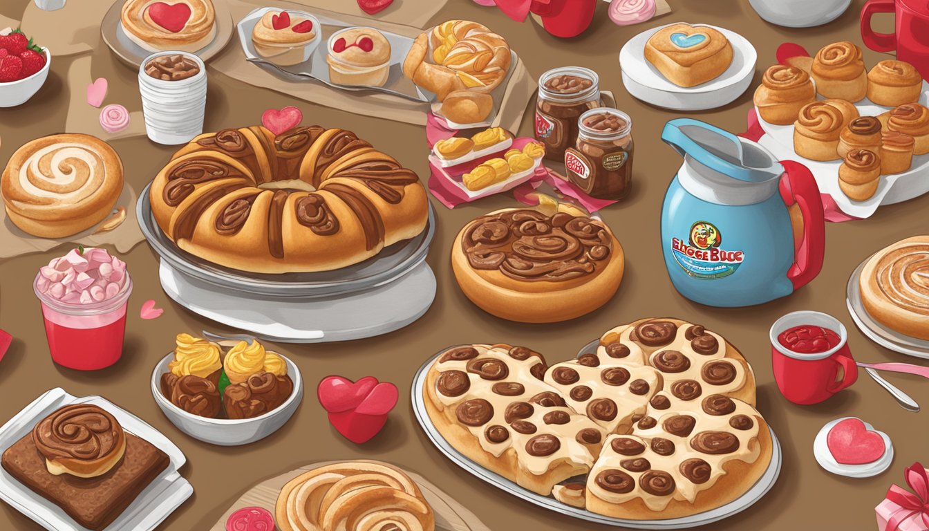 A table with a variety of Buc-ee's products, including Colossal Cinnamon Rolls, displayed as potential Valentine's Day gifts