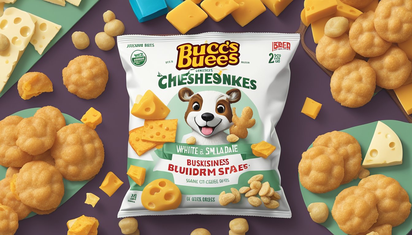 A bag of White Cheddar Jalapeño Puffs sits among a variety of cheesy snacks, with a bold "Buc-ee's Snacks Ranked by Cheesiness" headline above