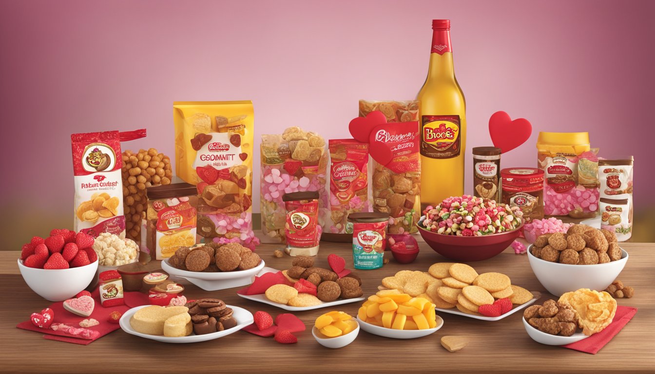 A display of Buc-ee's Gourmet Medley Premium Assortment products arranged in an attractive and festive Valentine's Day theme