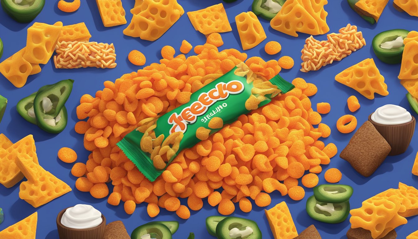 A mountain of Cheesy Jalapeño Cheetos spills out of a vibrant orange bag, surrounded by other cheesy snacks, creating a colorful and tempting display