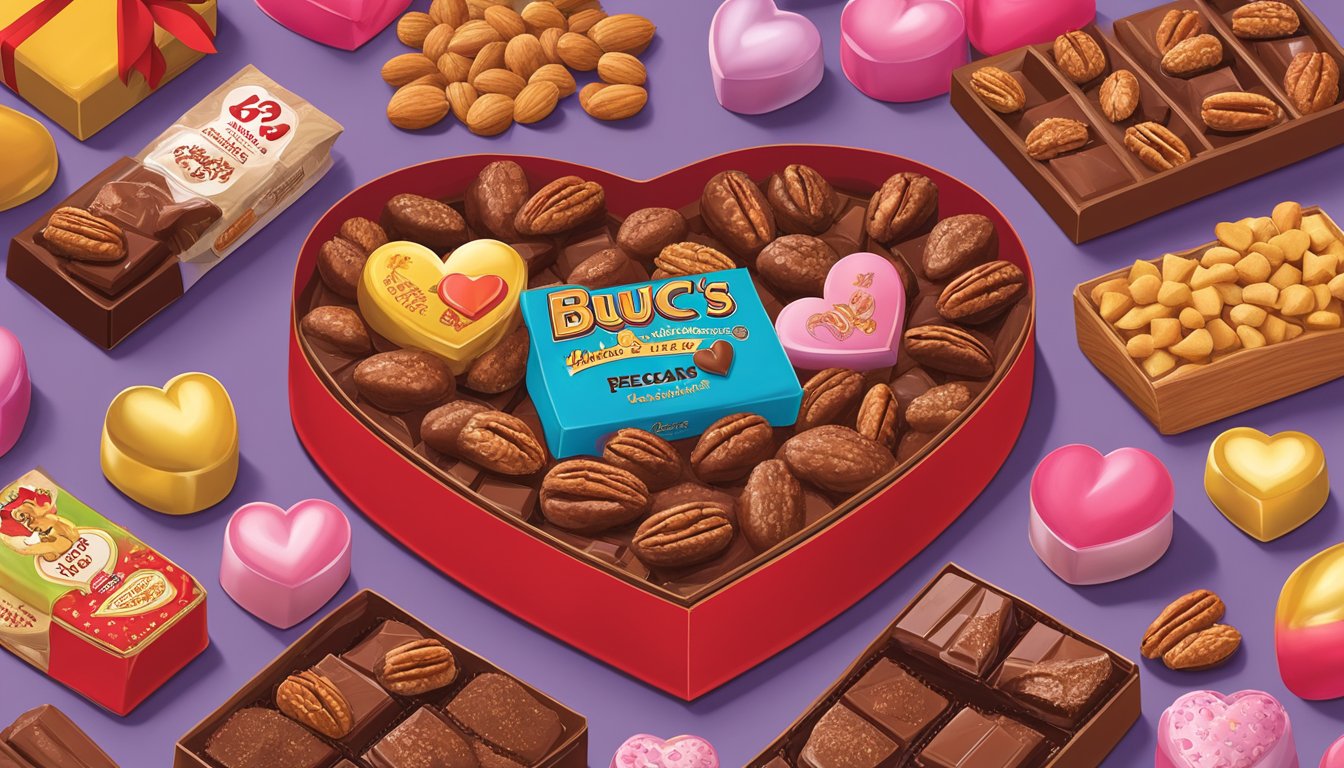 A red heart-shaped box of Buc-ee's Chocolate Amaretto Pecans surrounded by other Buc-ee's products, with a festive Valentine's Day theme