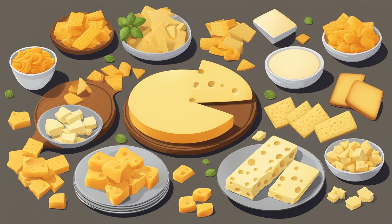 A table filled with a variety of cheesy snacks, including Gouda Moon Cheese, arranged for ranking