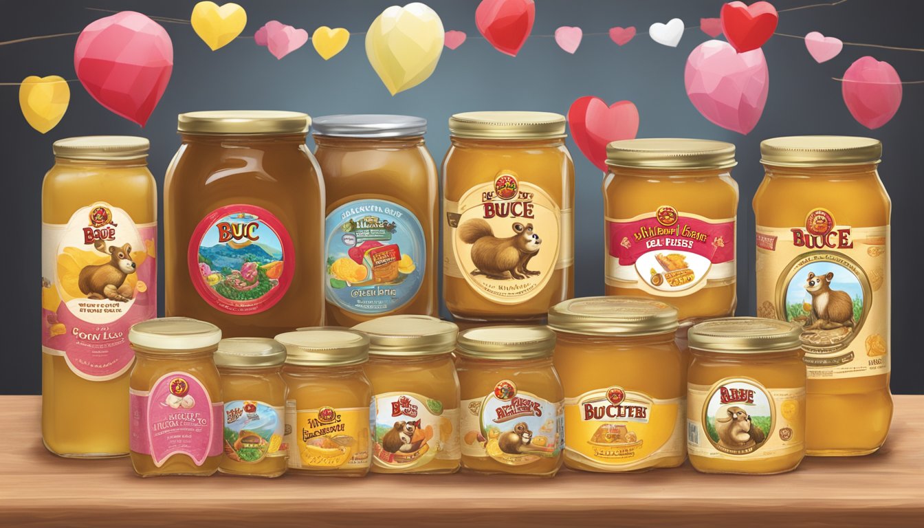 A table with a variety of Buc-ee's products, including jars of honey butter, arranged for a Valentine's Day gift display