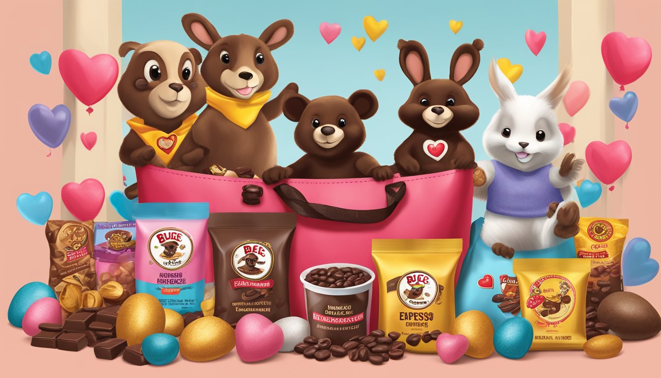 A bag of Buc-ee's Dark Chocolate Espresso Beans surrounded by other Buc-ee's products, with a Valentine's Day theme