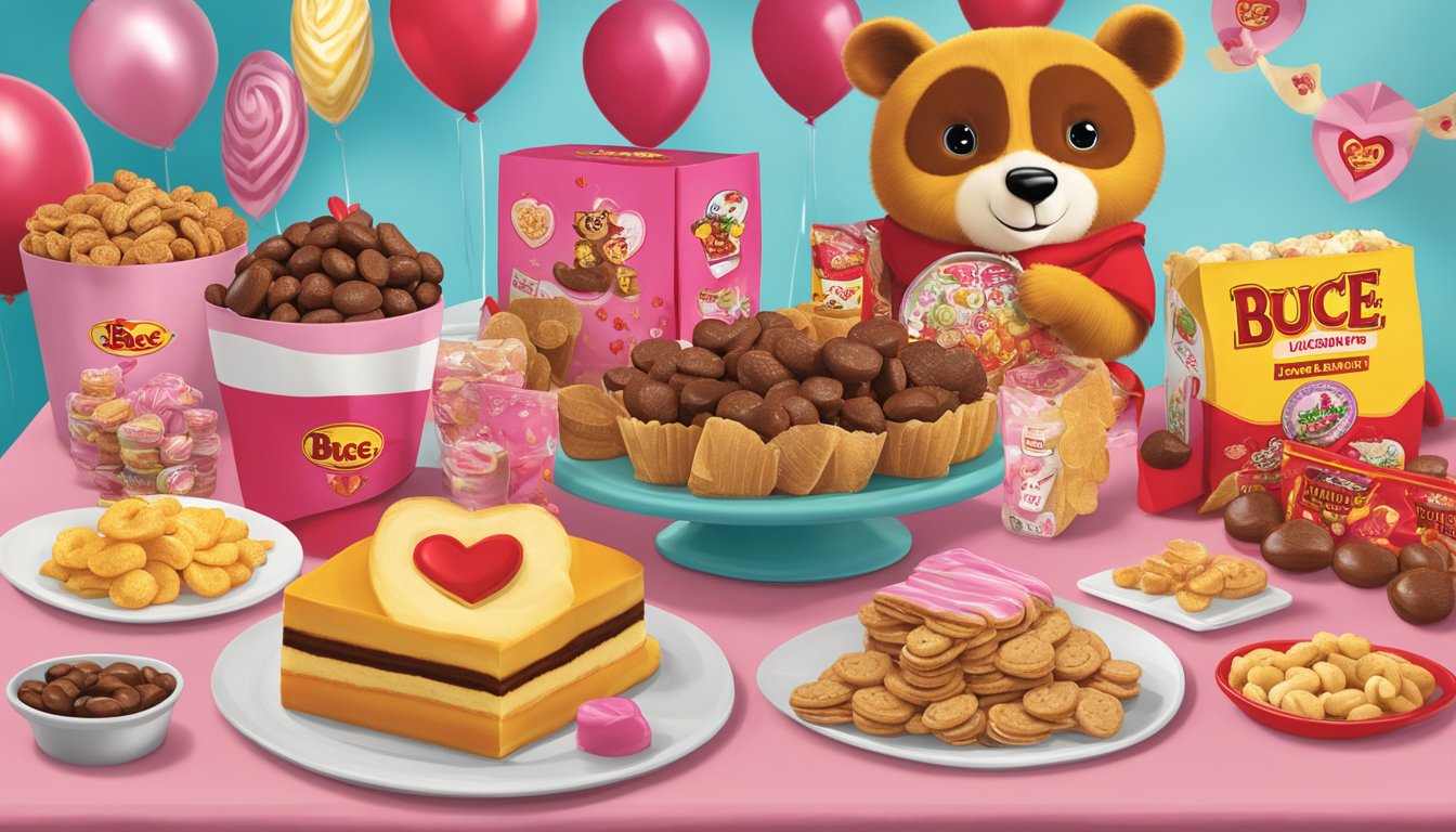 A display of Buc-ee's products arranged on a festive Valentine's Day-themed table, featuring a variety of snacks, candies, and merchandise