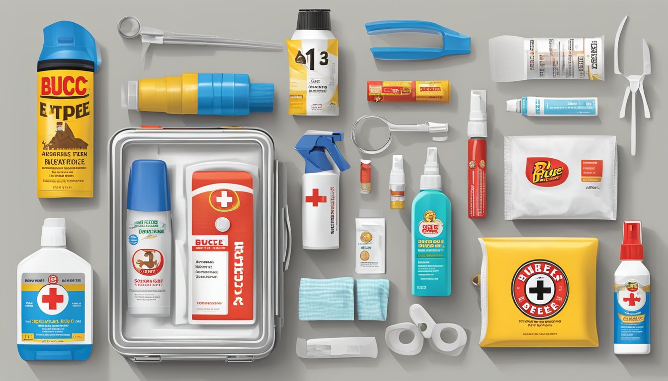 A first aid kit open on a clean surface, with Buc-ee's Antiseptic Spray and 10 other Buc-ee's items neatly arranged inside