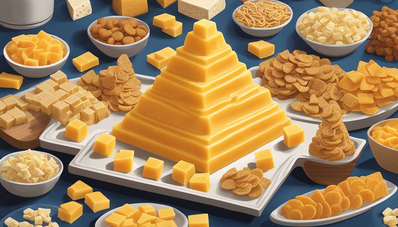 A platter of Colby Jack cheese cubes arranged in a pyramid, surrounded by various Buc-ee's snacks