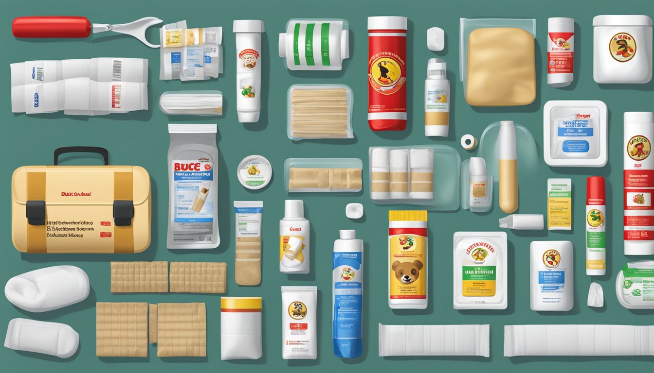 A variety of Buc-ee's bandages, ointments, and medical supplies arranged neatly in a first aid kit