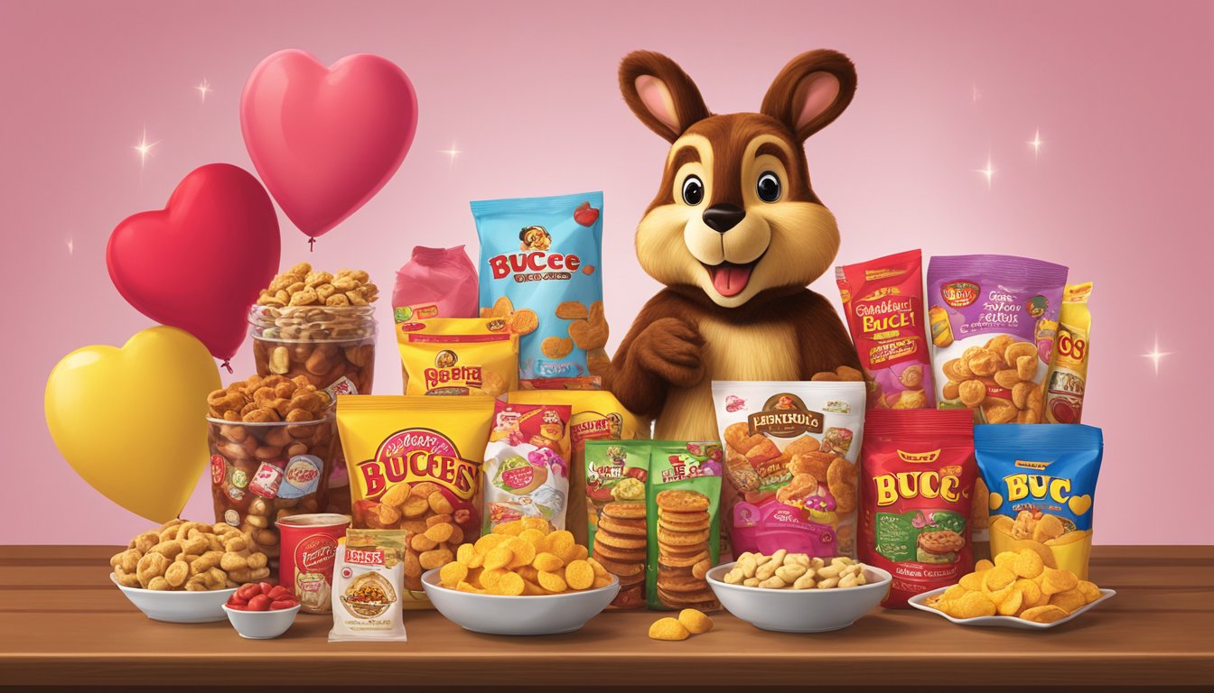 A display of Buc-ee's products arranged on a table, including snacks, apparel, and novelty items, with a Valentine's Day theme