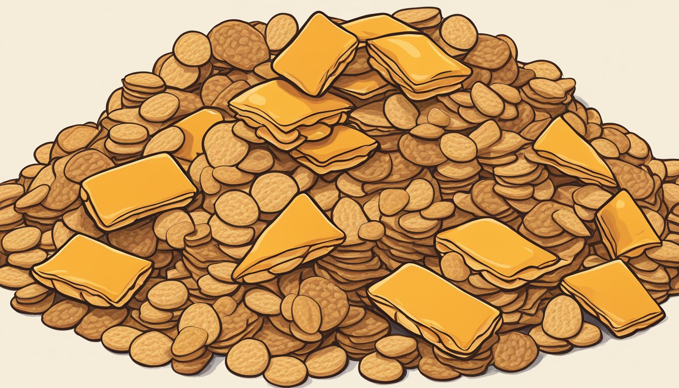 A pile of Cheddar Goldfish Crackers arranged in a pyramid, surrounded by various Buc-ee's snacks