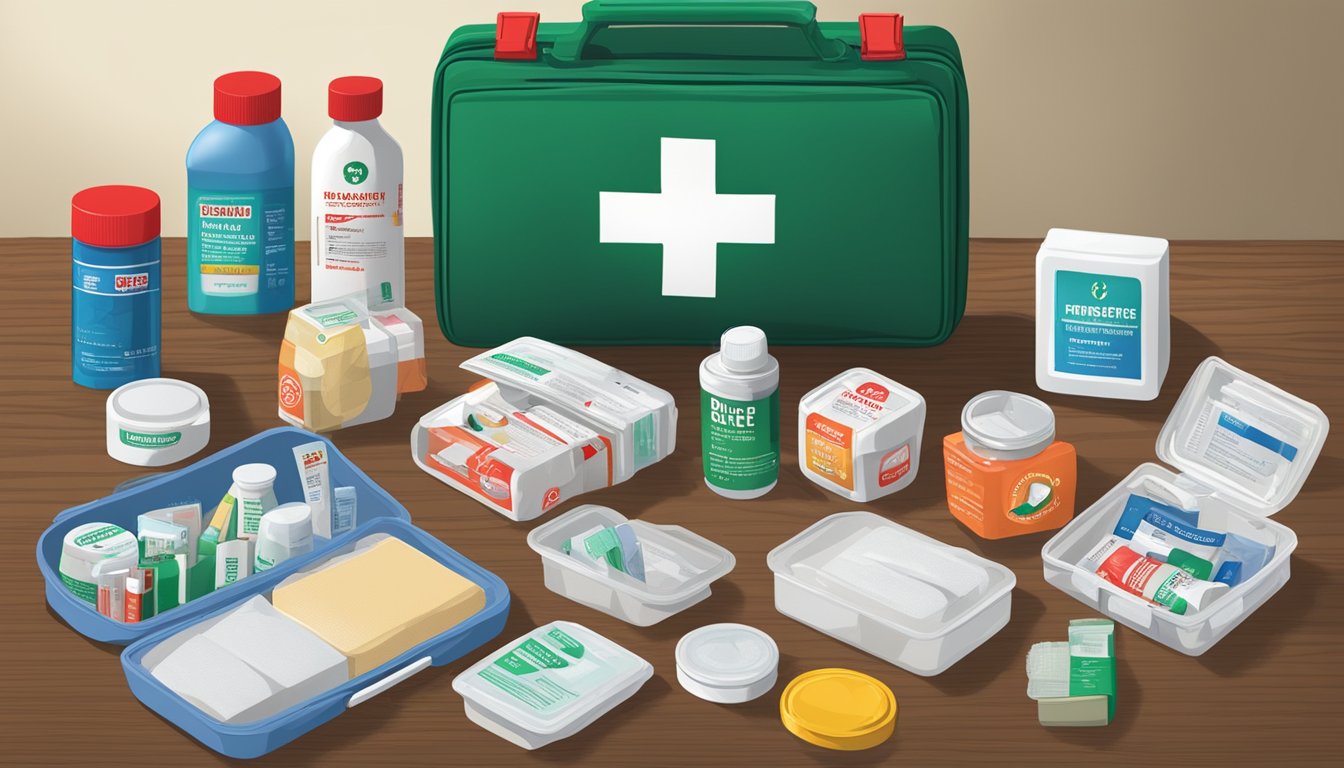 A first aid kit open on a table, with Buc-ee's Triple Antibiotic Ointment prominently displayed among 11 other items