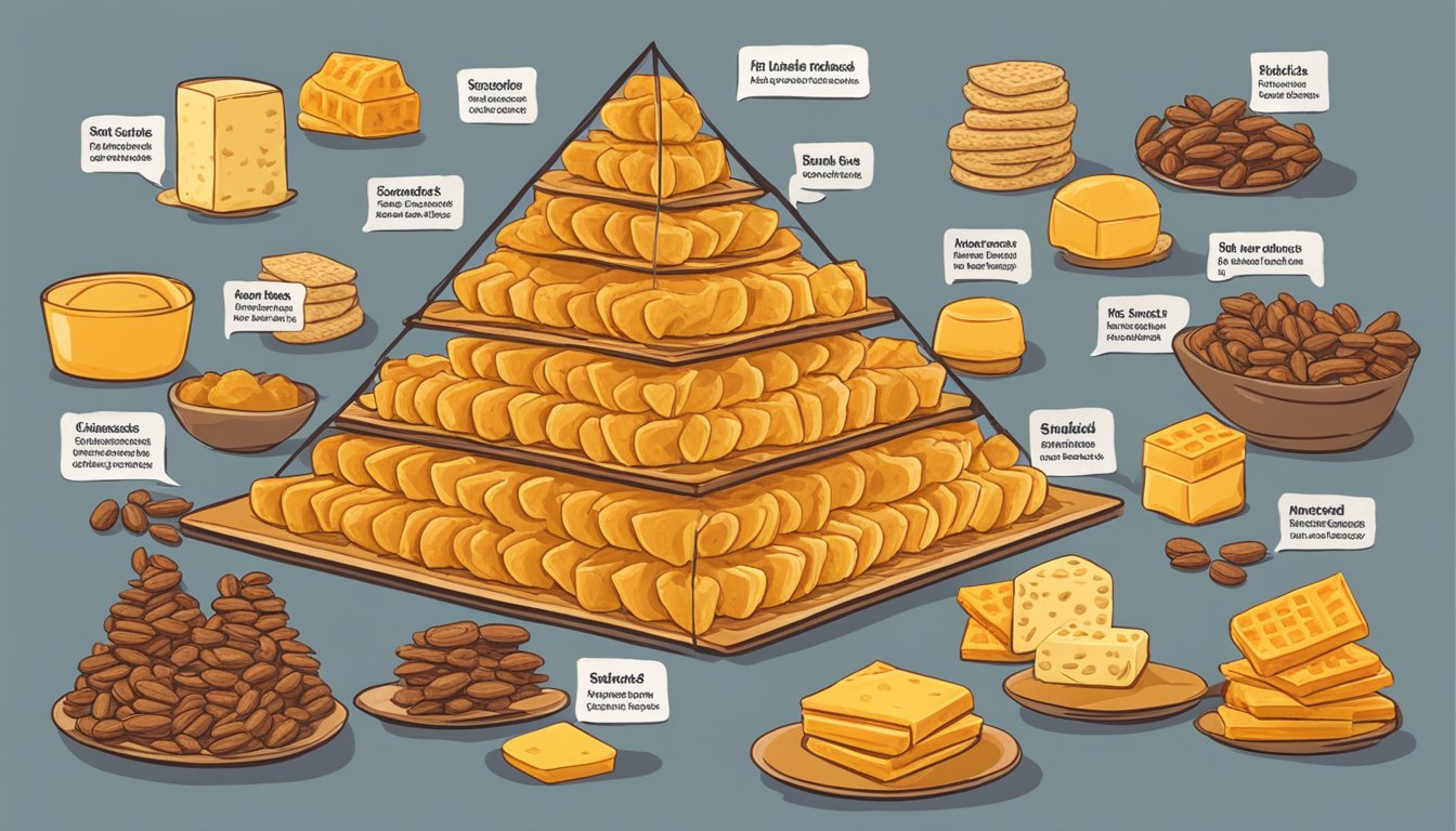 A pile of smoked cheddar pecans arranged in a pyramid, surrounded by various other snacks, with a banner reading "21 Buc-ee's Snacks Ranked by Cheesiness."