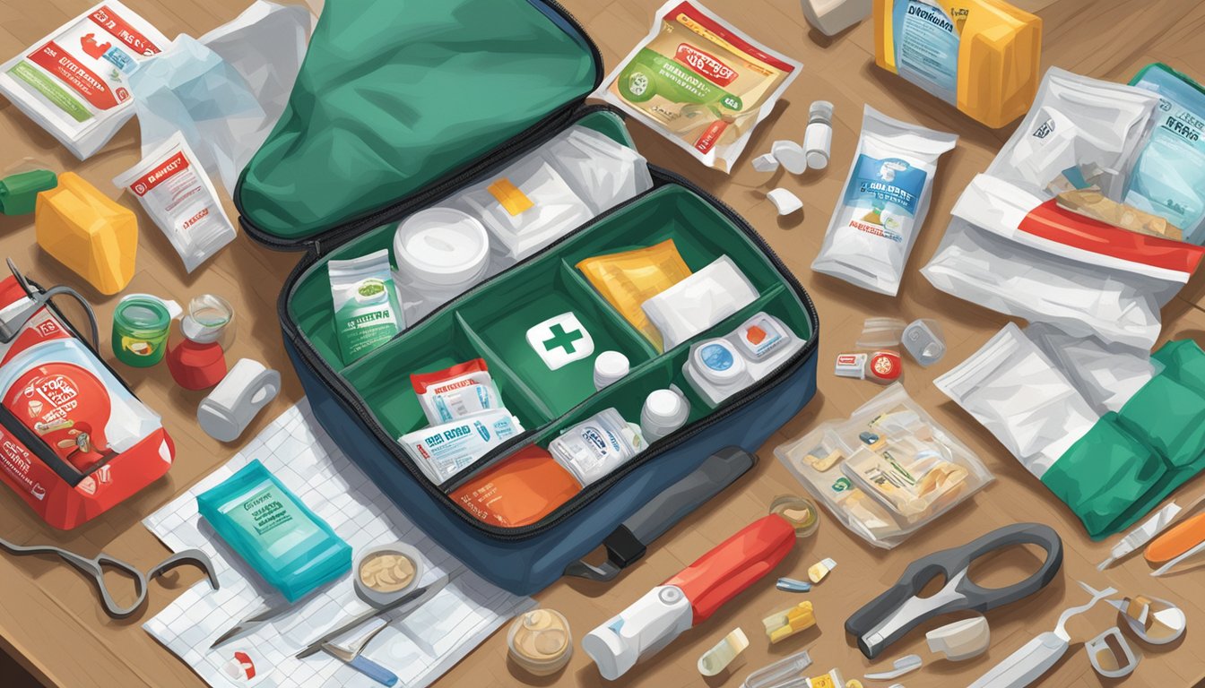 A first aid kit open on a table, with a Buc-ee's Instant Cold Pack and other items scattered around