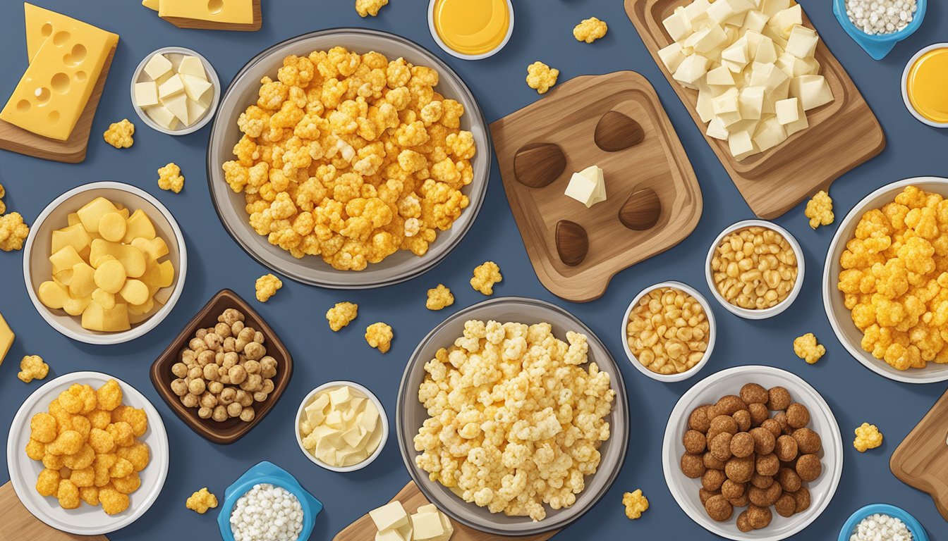 A bowl of four cheese popcorn sits on a table surrounded by various Buc-ee's snacks, showcasing the range of cheesiness