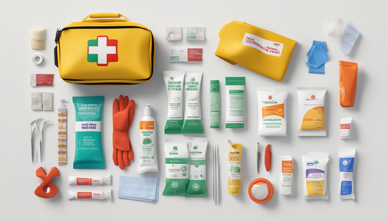 A first aid kit with Buc-ee's vinyl gloves, bandages, and other items arranged neatly on a clean, white surface