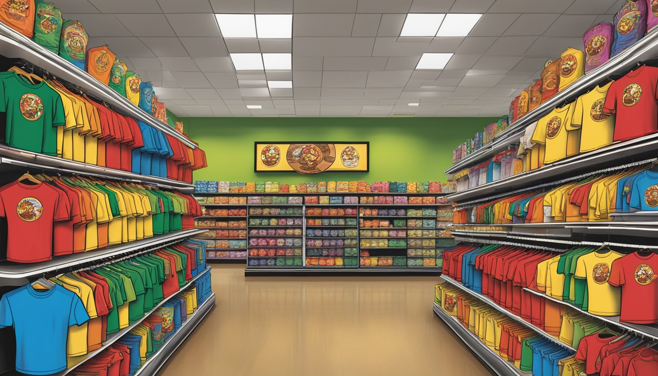 A display of colorful Buc-ee's branded t-shirts arranged neatly on shelves with various designs and sizes