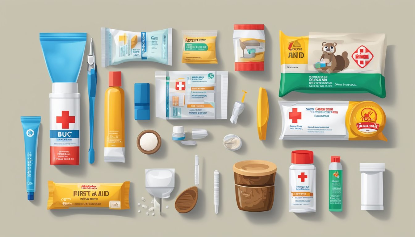 A first aid kit open on a table, with Buc-ee's Hydrocortisone Cream and 10 other items neatly arranged inside