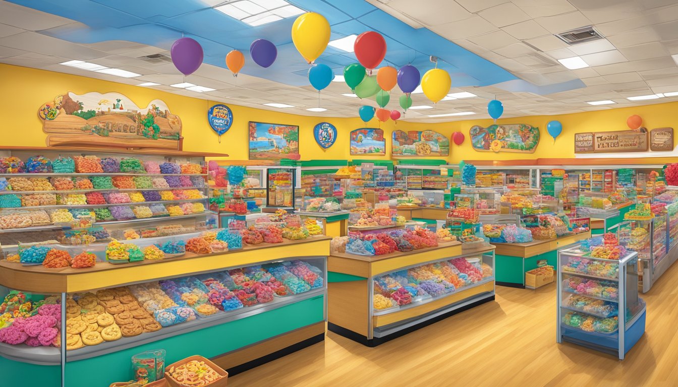 A display of Texas-shaped cookie cutters surrounded by various souvenir items at Buc-ee's, with colorful packaging and a vibrant, inviting atmosphere