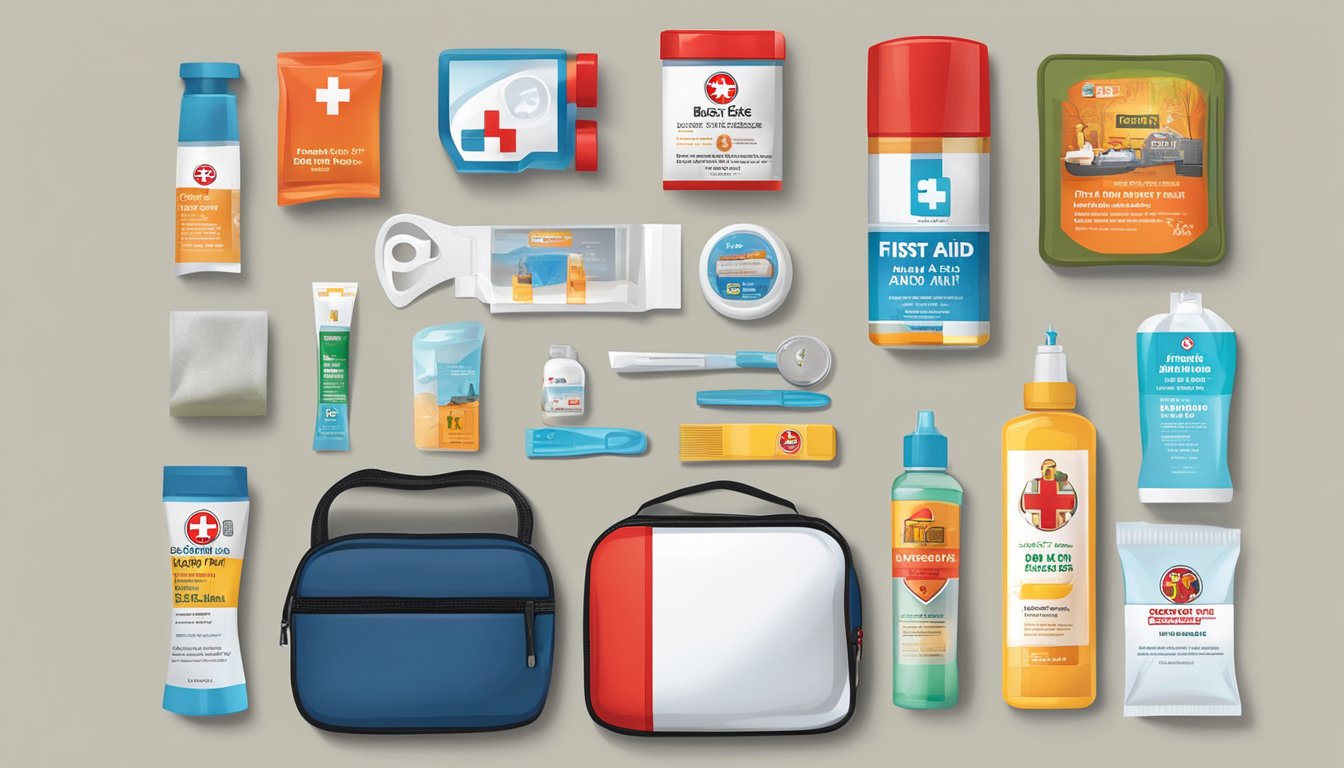 A first aid kit open on a counter, with Buc-ee's Burn Relief Gel prominently displayed among other first aid items