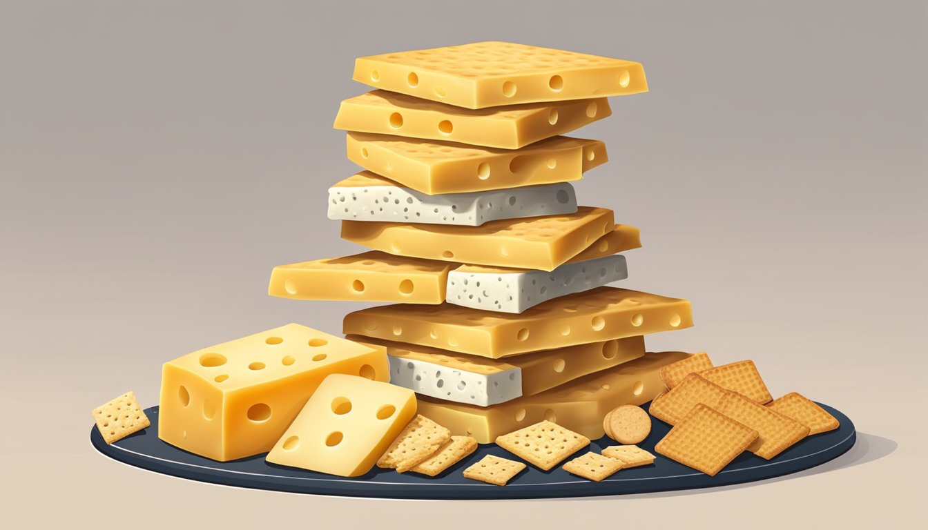 A pile of Swiss cheese sandwiched crackers arranged in a pyramid, surrounded by other cheesy snacks