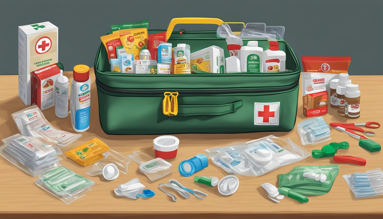 A first aid kit open on a counter, with Buc-ee's Nosebleed Plugs and 10 other Buc-ee's items neatly organized inside