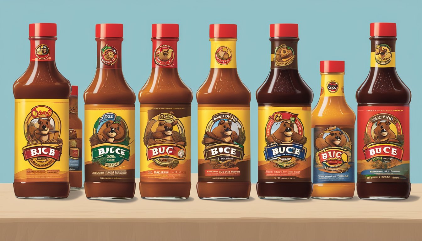 A display of 16 different bottles of Buc-ee's BBQ sauce, with the iconic beaver logo prominently featured on each label