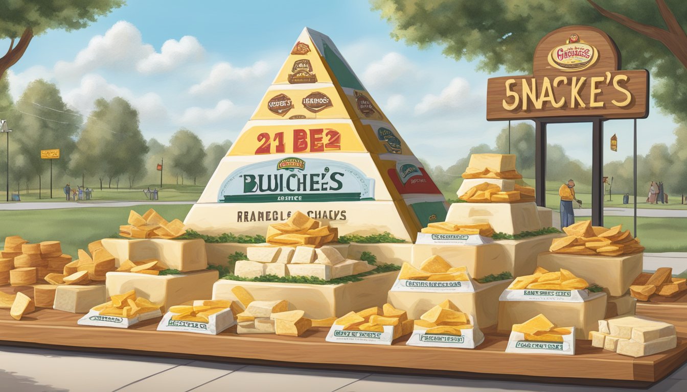 A display of Brie cheese wedges arranged in a pyramid with a sign listing "21 Buc-ee's Snacks Ranked by Cheesiness" nearby