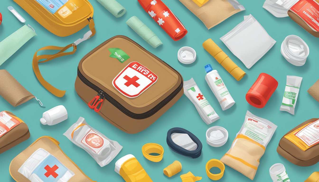 An open first aid kit with Buc-ee's Elastic Bandage Wrap and 10 other items neatly organized inside