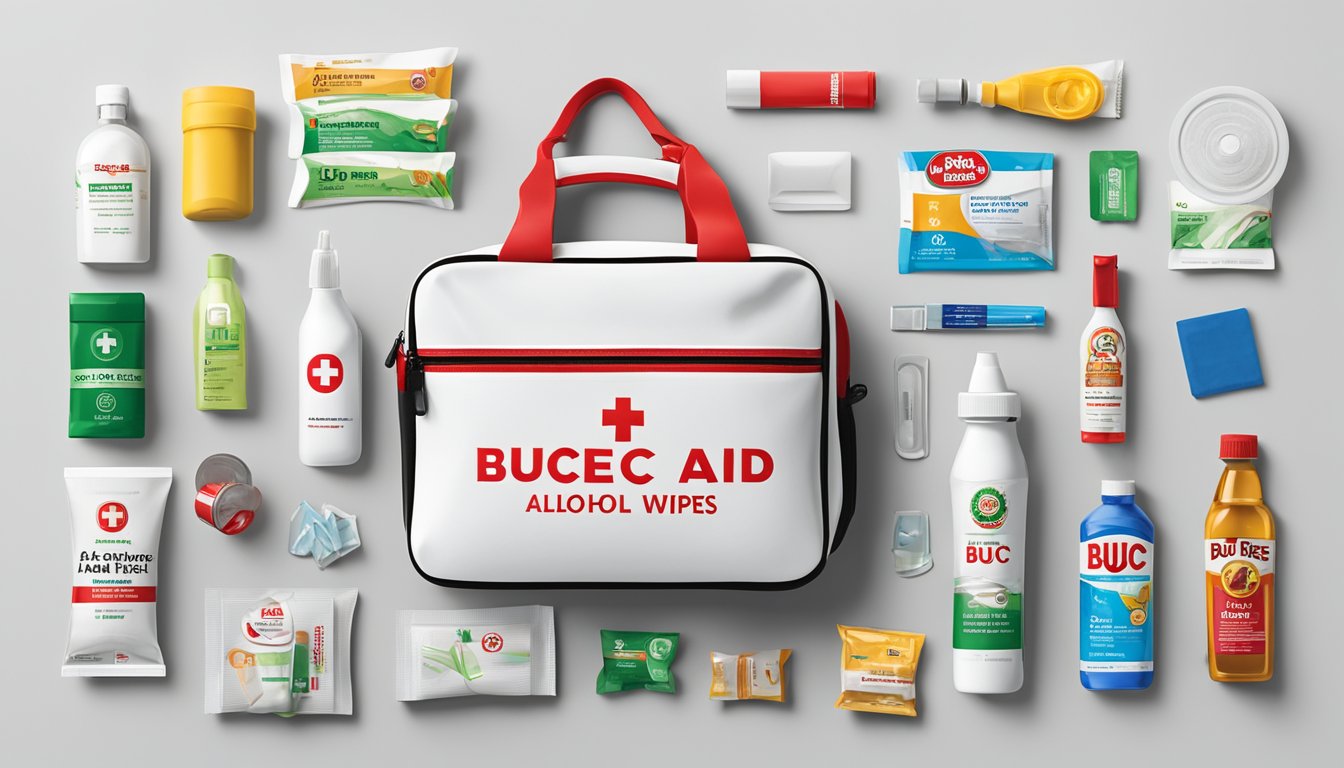 A first aid kit with Buc-ee's Alcohol Wipes and 10 other items neatly arranged on a clean, white surface