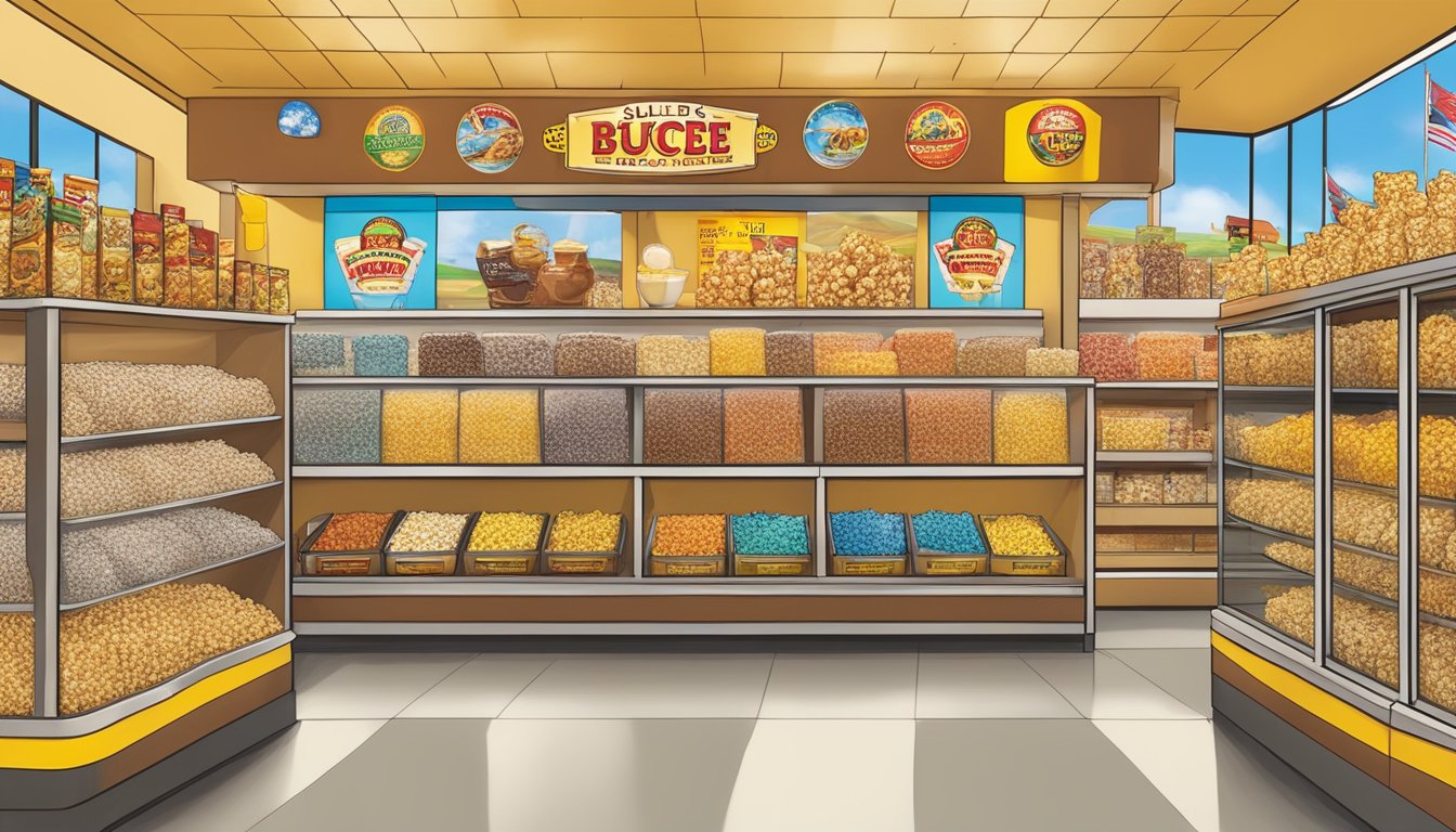 A colorful display of salted caramel beaver popcorn and souvenir items at Buc-ee's