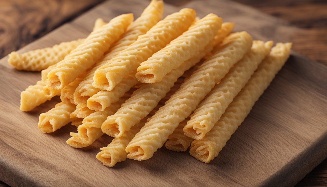 A pile of Asiago cheese straws arranged in a pyramid on a wooden cutting board with a rustic background