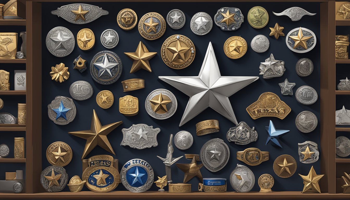 A display of Texas star belt buckles in a souvenir shop, surrounded by various other Texas-themed items