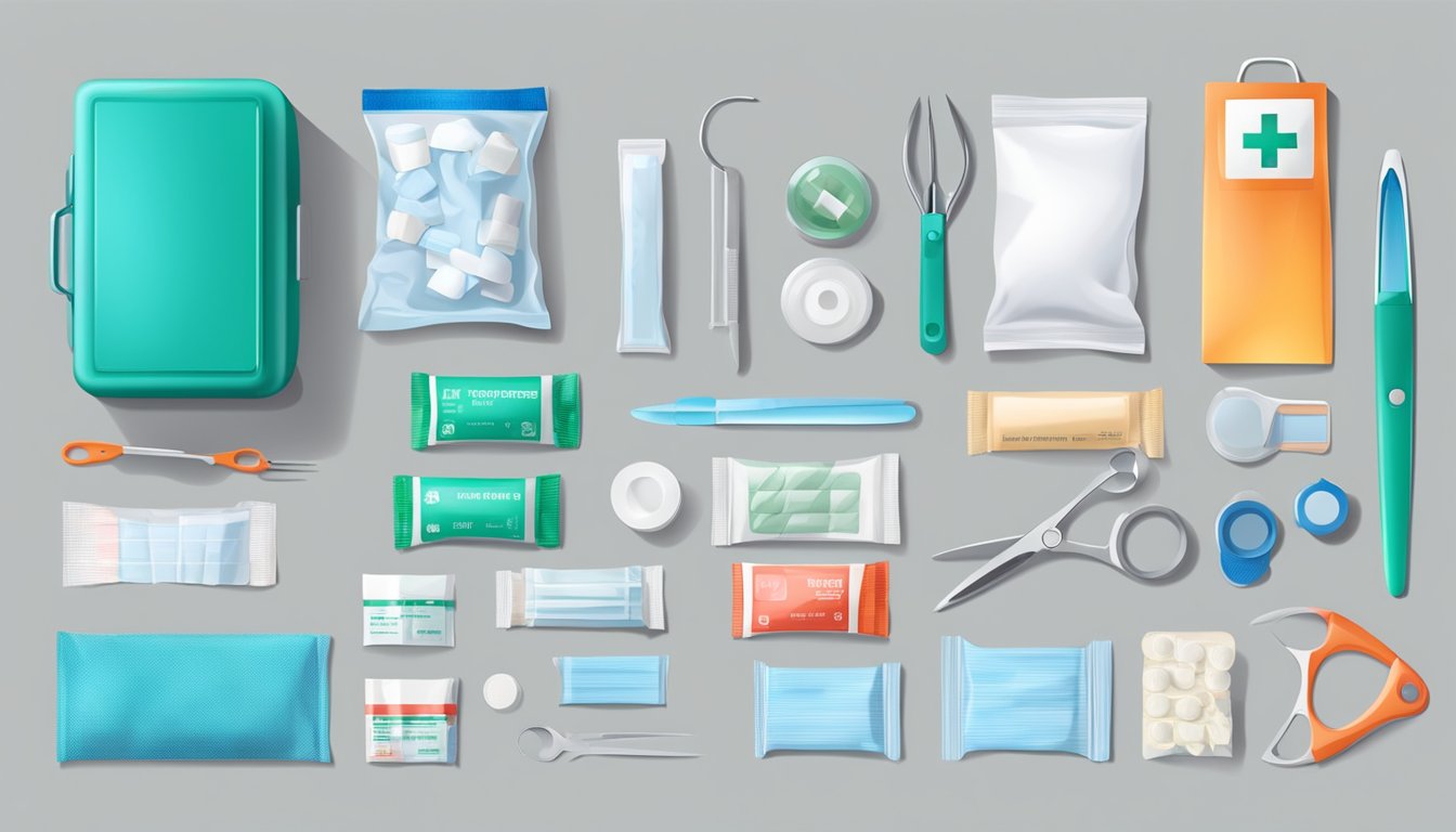 A first aid kit open on a clean surface, containing bandages, antiseptic wipes, gauze, scissors, tweezers, and other essential items