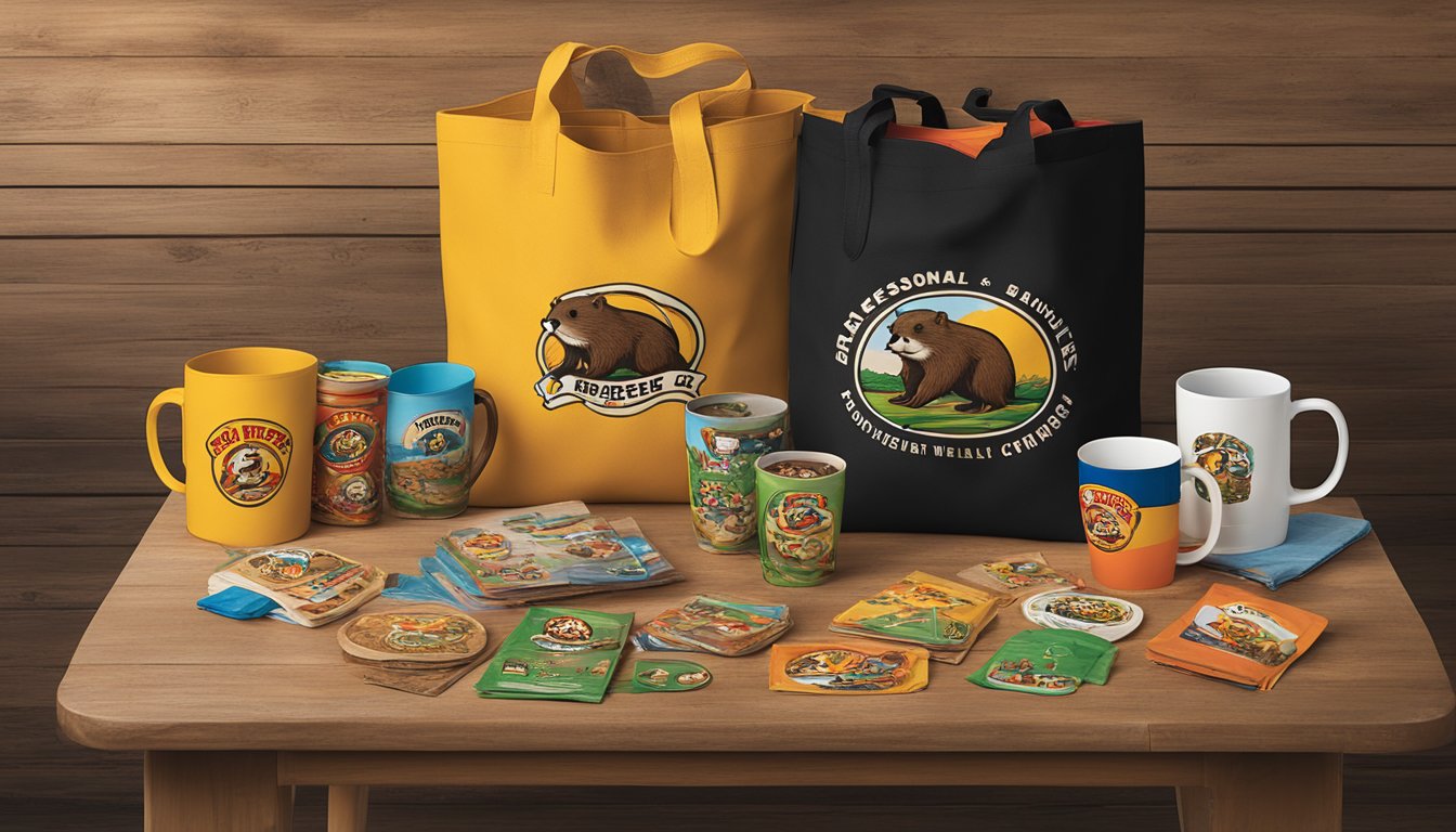 A beaver logo tote bag surrounded by 16 iconic Buc-ee's souvenirs, including keychains, mugs, and t-shirts, displayed on a rustic wooden table