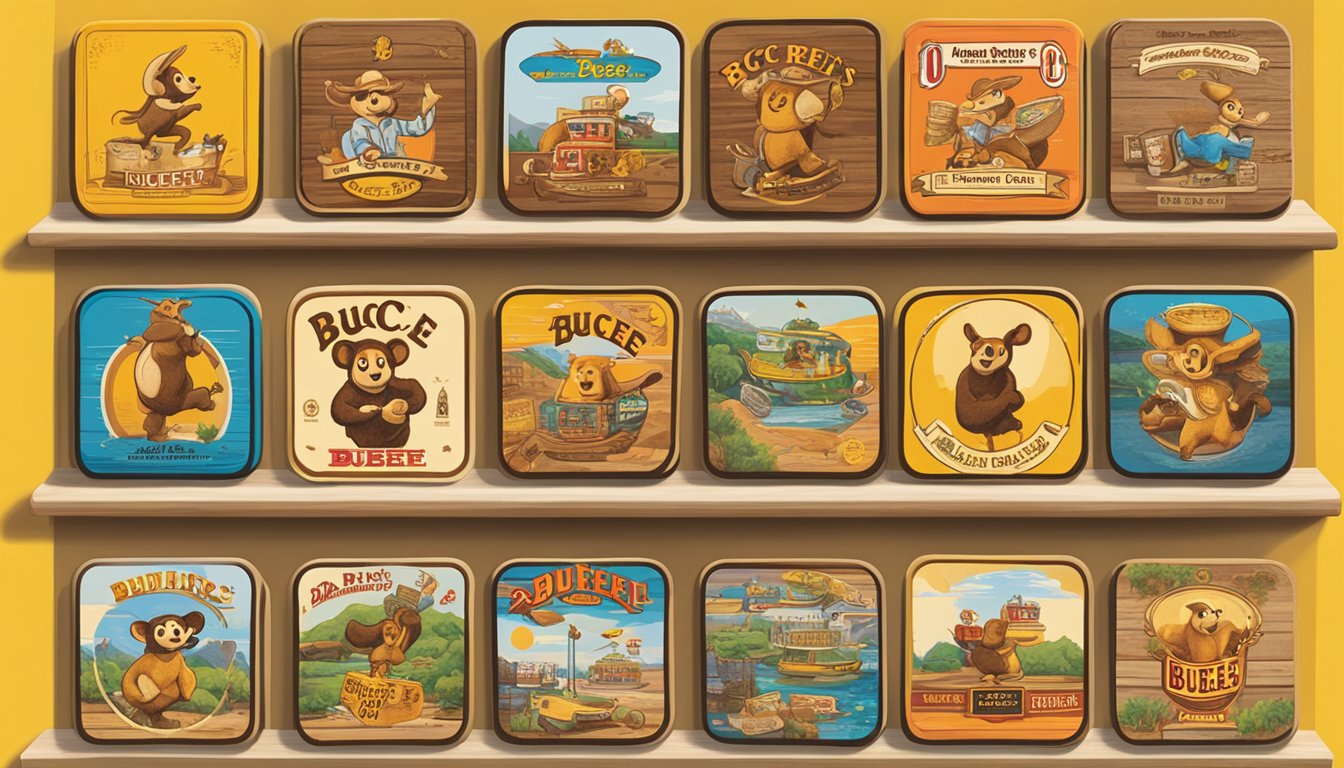 A colorful display of branded coasters featuring iconic Buc-ee's images and slogans arranged in a neat grid on a souvenir shop shelf