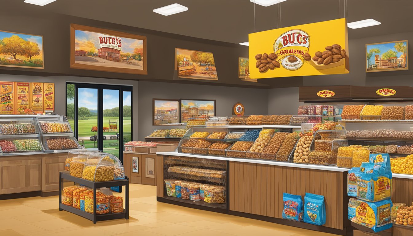 A display of pecan pralines and souvenir items at Buc-ee's, with vibrant packaging and Texas-themed merchandise