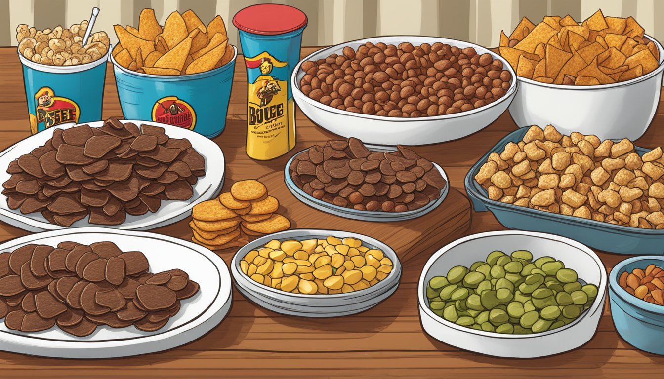 A table spread with various Buc-ee's snacks, including Texas Round Up Beef Jerky, set up for a movie marathon