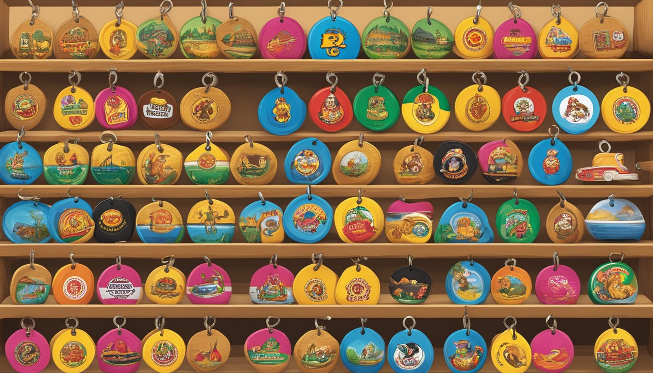 A colorful display of branded keychains featuring iconic Buc-ee's symbols and mascots, arranged in neat rows on a souvenir shop shelf