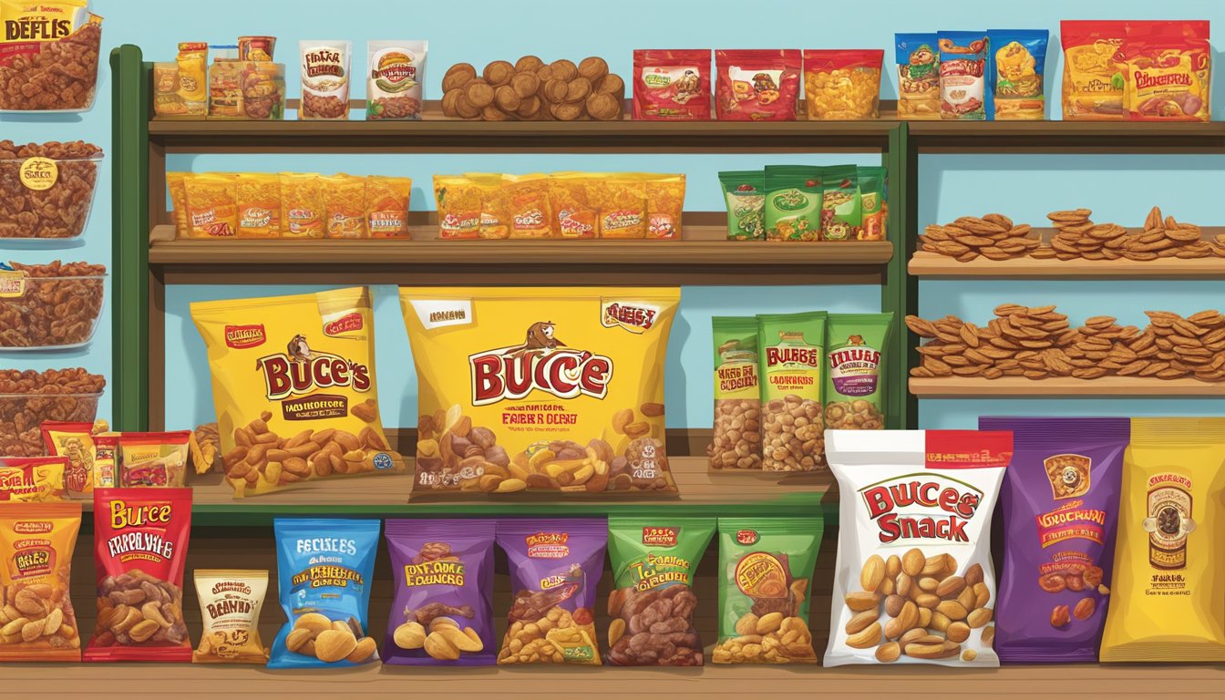 A colorful display of Buc-ee's snack products arranged in an appealing manner, with a variety of items such as beef jerky, nuts, and candies