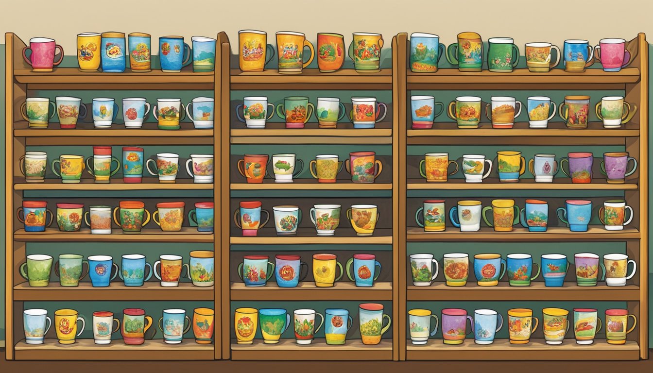 A colorful display of Buc-ee's coffee mugs arranged on shelves, featuring various designs and sizes, with a vibrant and inviting atmosphere