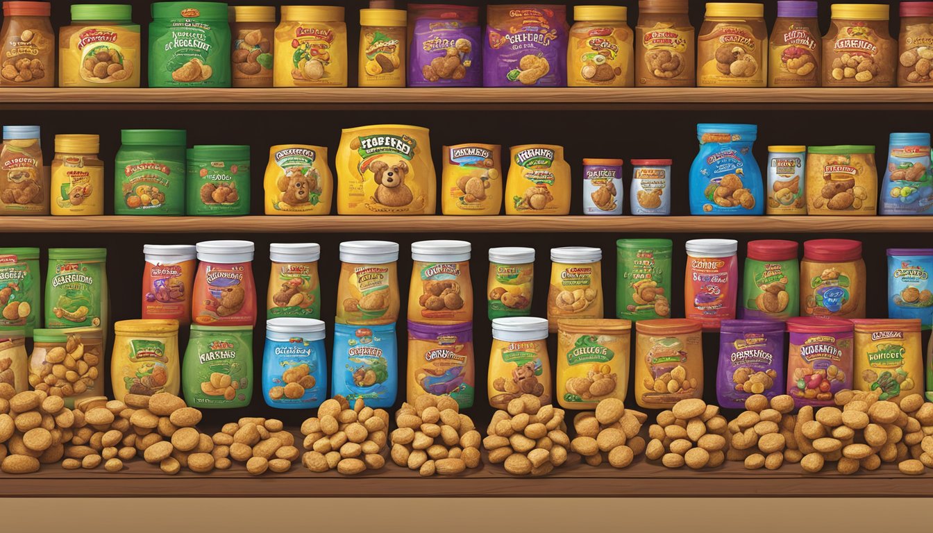 A colorful display of Buc-ee's Beaver Nuggets, surrounded by other Buc-ee's products, arranged neatly on a shelf or table