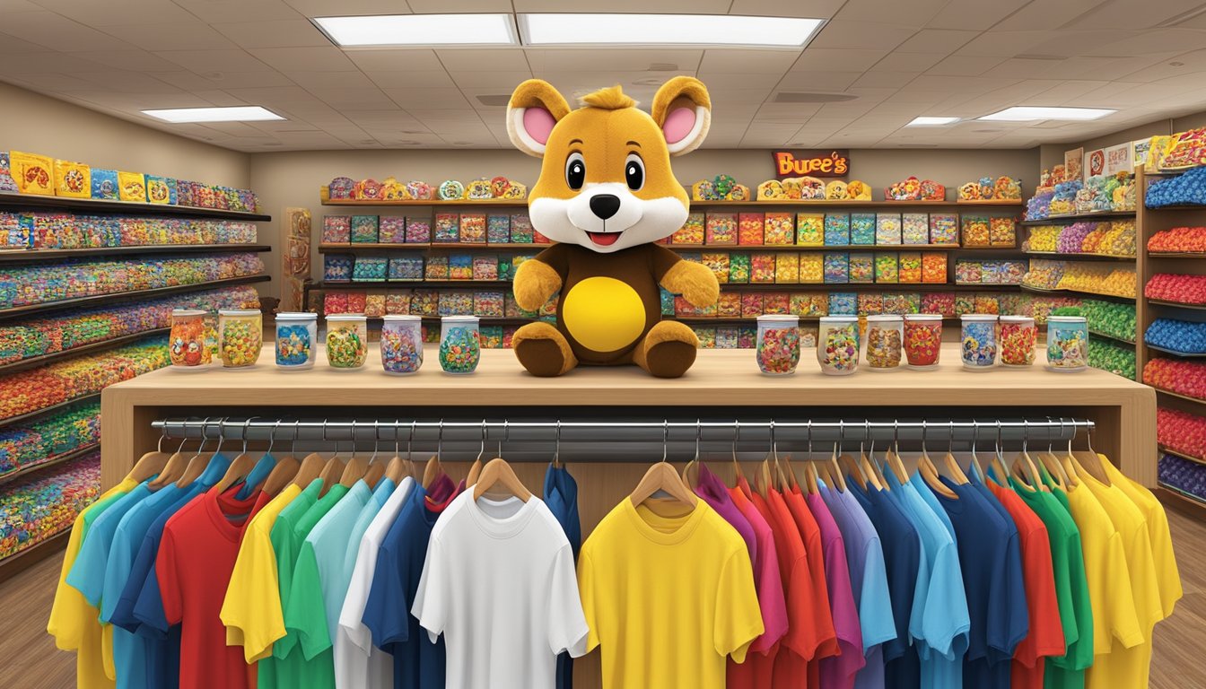 A colorful display of Buc-ee's souvenirs, including t-shirts, mugs, keychains, and plush toys, arranged on shelves and racks in a well-lit store