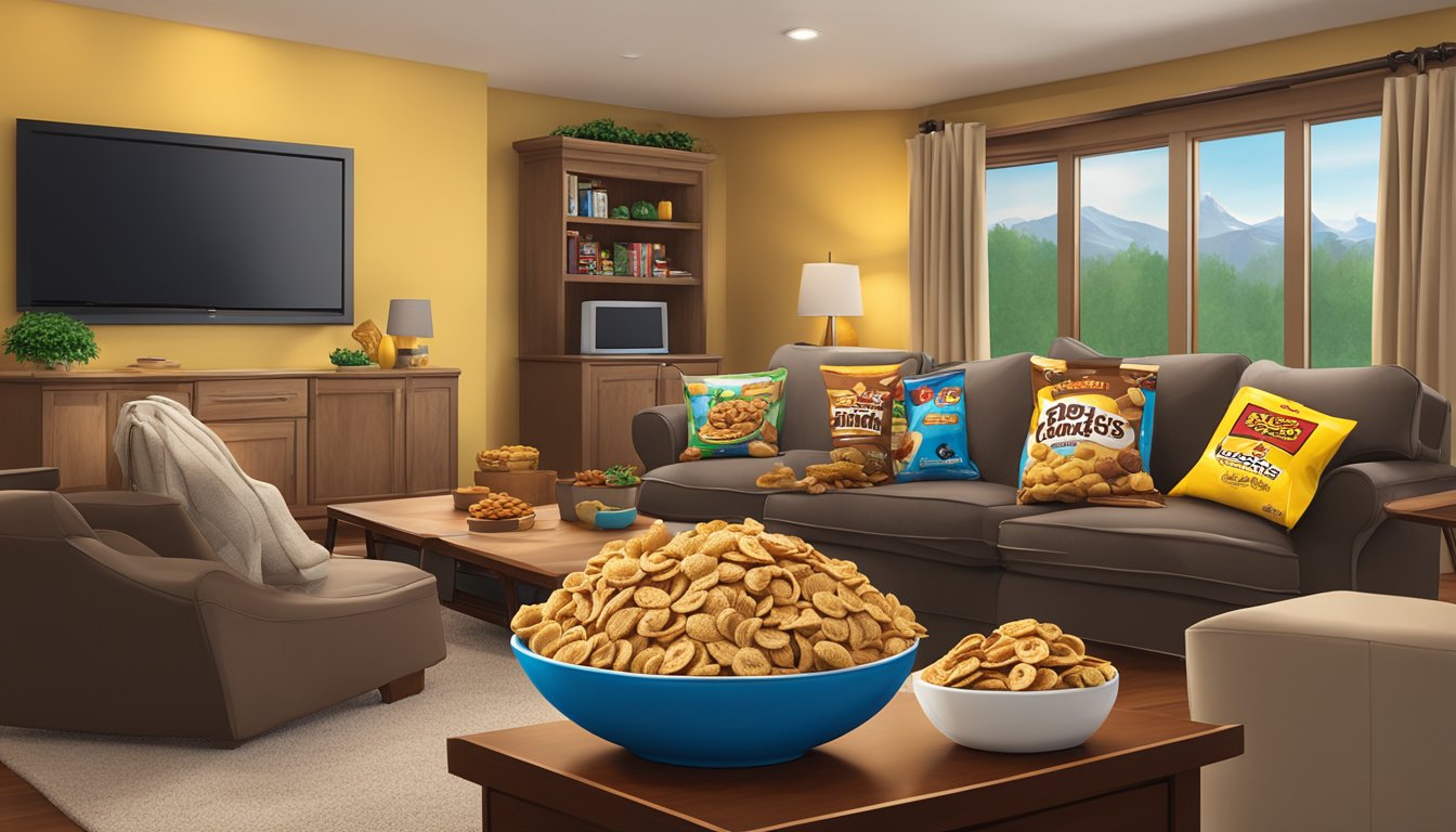 A bowl of dark chocolate banana chips surrounded by various Buc-ee's snacks, set against the backdrop of a cozy living room with a TV playing a movie