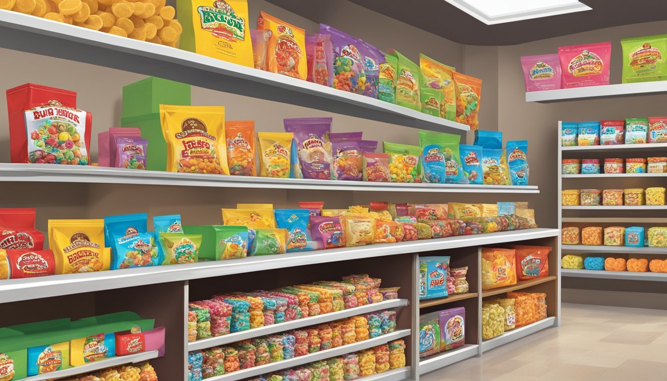 A colorful display of Buc-ee's Texas Round Rock Taffy and other products arranged on a shelf, with a sign indicating they make great anniversary gifts