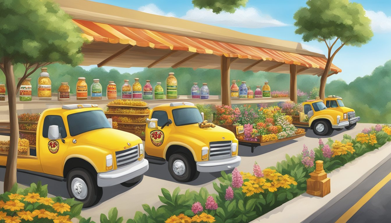 A row of colorful Buc-ee's locations, each with a unique display of local honey jars and bottles, surrounded by lush greenery and buzzing bees