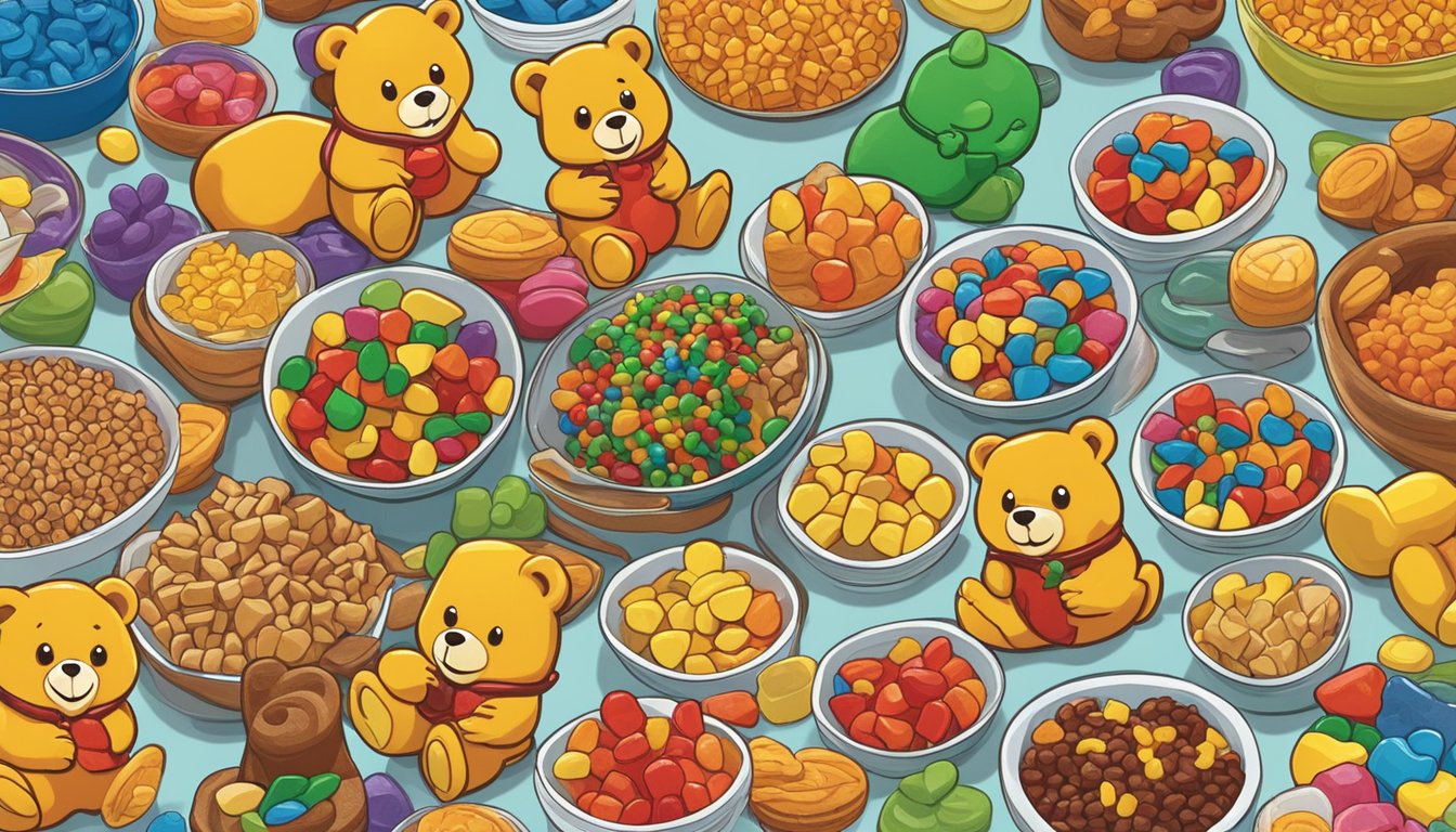 A colorful display of Buc-ee's Gummi Bears and other snacks arranged on a table, perfect for a movie marathon