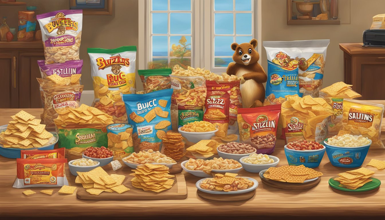 A table covered in a variety of Buc-ee's snacks, including sizzlin' saltines, arranged for a movie marathon