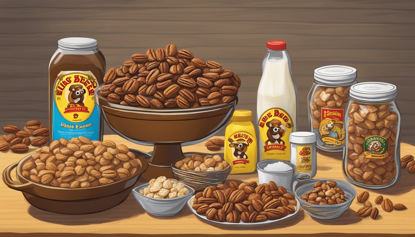 A table spread with Buc-ee's Sugar Roasted Pecans and other gift items for an anniversary celebration